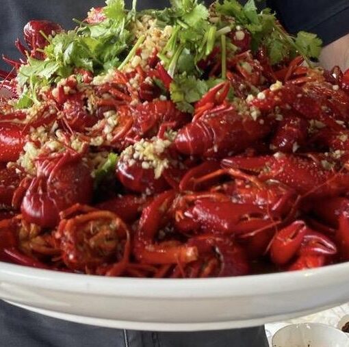 Chinese boiled feed-based red swamp crayfish culture. (Photo cour- tesy of Lukas Manomaitis, Seafood Consulting Associates).