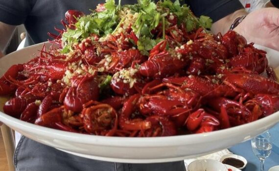 Chinese boiled feed-based red swamp crayfish culture. (Photo cour- tesy of Lukas Manomaitis, Seafood Consulting Associates).
