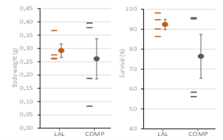 Body weight and survival of shrimp with LAL solutions compared with a competitor program