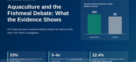 Infographic titled Aquaculture and the Fishmeal Debate: What the Evidence Shows, with a bar chart of 2024 aquatic animal production (103 million tonnes from aquaculture vs. 92 from capture) and three figures: 53%, 3–4x and 22.4%