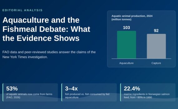 Infographic titled Aquaculture and the Fishmeal Debate: What the Evidence Shows, with a bar chart of 2024 aquatic animal production (103 million tonnes from aquaculture vs. 92 from capture) and three figures: 53%, 3–4x and 22.4%