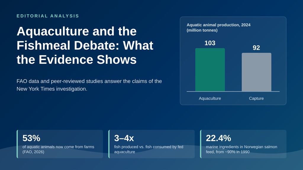 Infographic titled Aquaculture and the Fishmeal Debate: What the Evidence Shows, with a bar chart of 2024 aquatic animal production (103 million tonnes from aquaculture vs. 92 from capture) and three figures: 53%, 3–4x and 22.4%