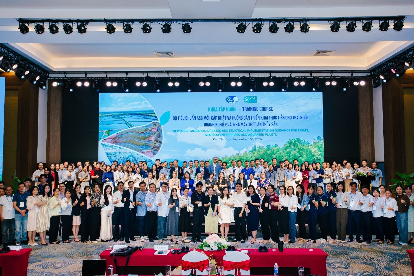 Group photo of participants at the ASC training course on the new standards for farms, seafood enterprises and aquafeed plants in Can Tho, Vietnam