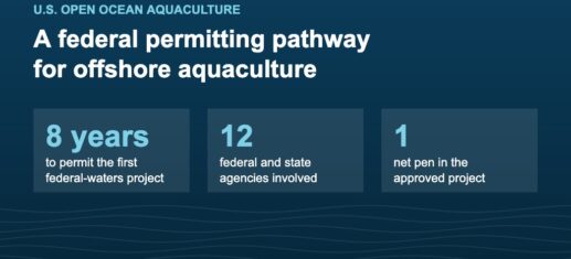 Graphic on U.S. open ocean aquaculture permitting: eight years, twelve agencies and one net pen for the first approved demonstration project in federal waters