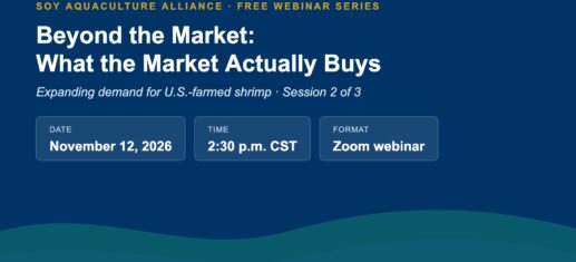 Graphic announcing the Soy Aquaculture Alliance webinar Beyond the Market on November 12, 2026, at 2:30 p.m. CST.