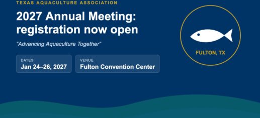 Graphic announcing the Texas Aquaculture Association 2027 Annual Meeting, January 24–26, 2027, at the Fulton Convention Center in Fulton, Texas.