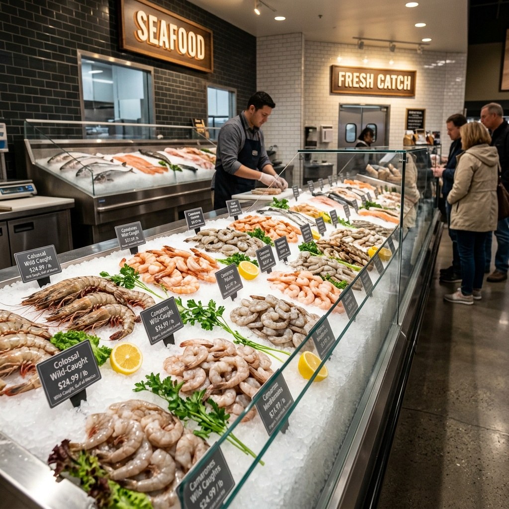 Supermarket seafood counter displaying several shrimp sizes and product forms on ice, with shoppers in the background
