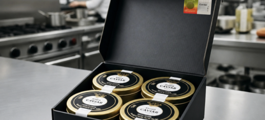 Caviar tins in a shipping box with a Freshtag time-temperature indicator label inside the lid