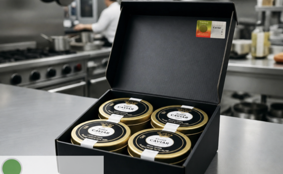 Caviar tins in a shipping box with a Freshtag time-temperature indicator label inside the lid