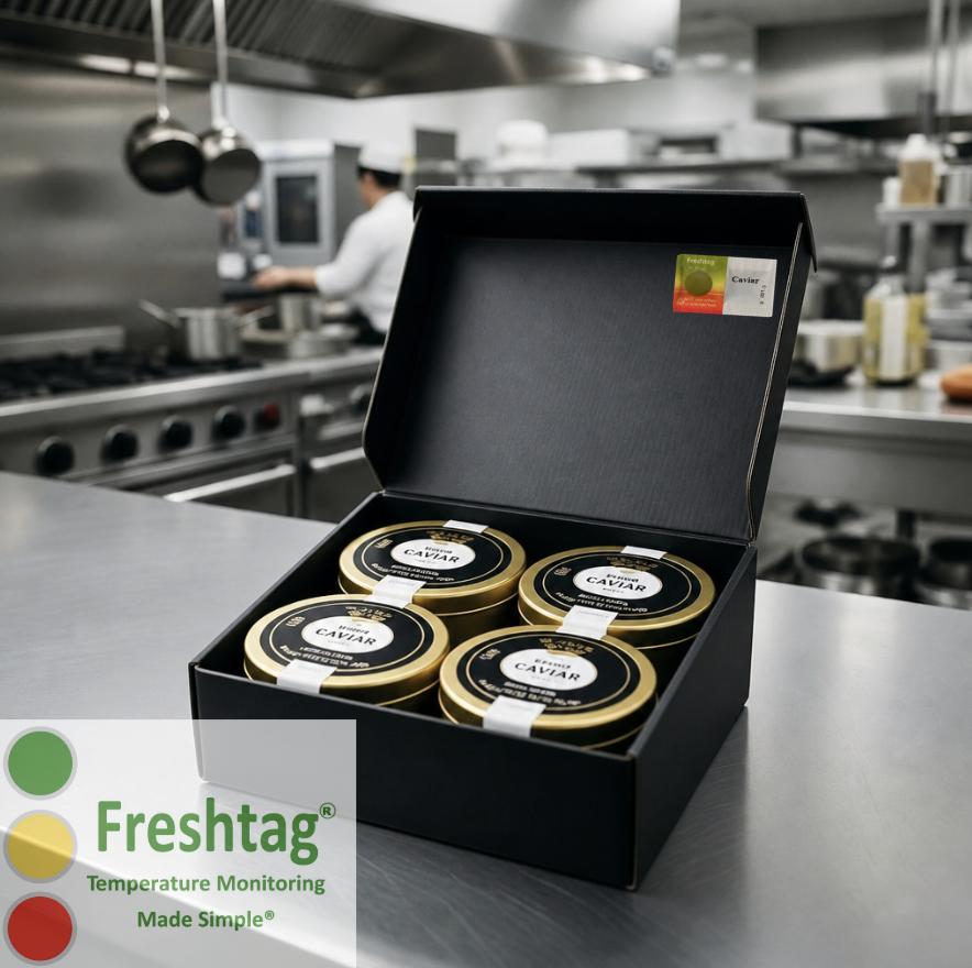 Caviar tins in a shipping box with a Freshtag time-temperature indicator label inside the lid